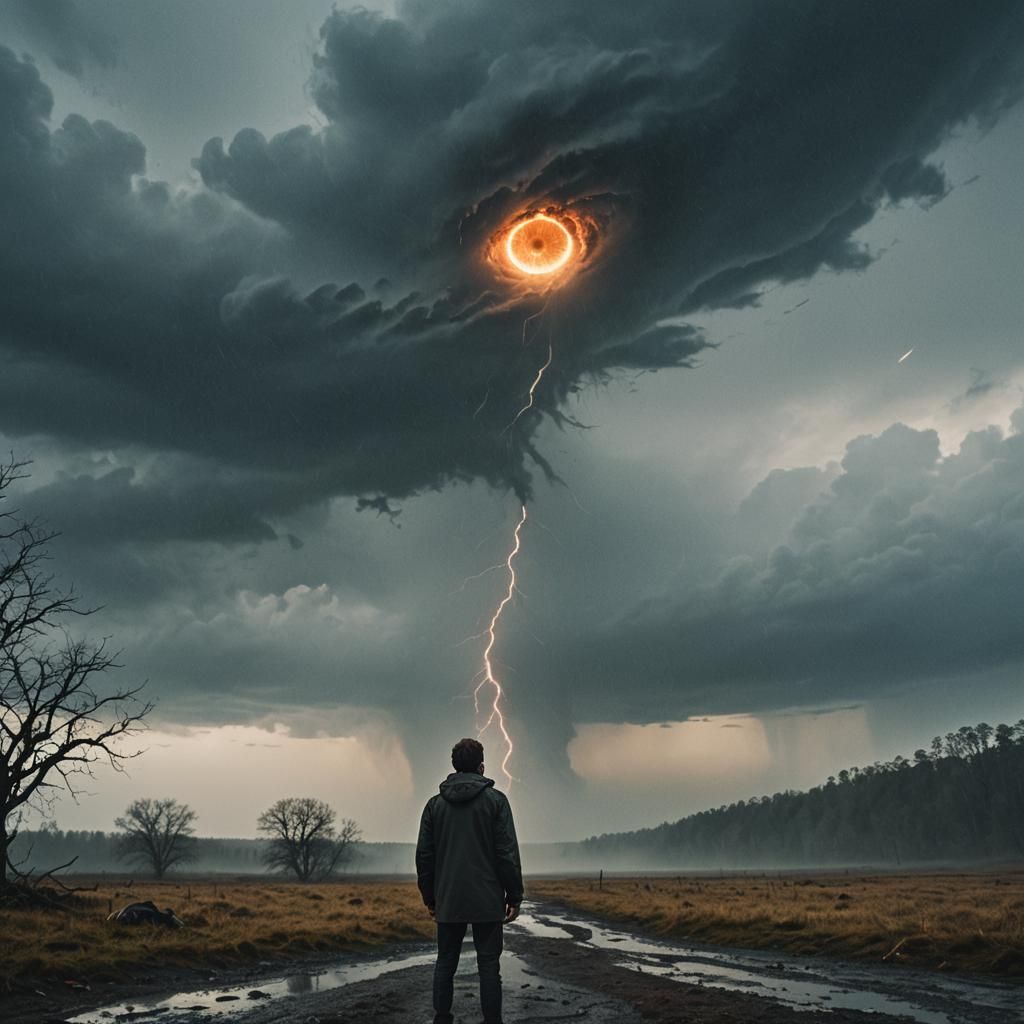 Dramatic Black Hole Vortex Over Rainy Landscape