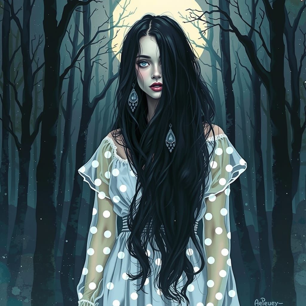 Mysterious Woman in Polka Dot Gown, Watercolor Style