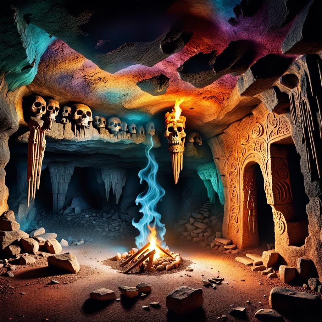 Mystical Ancient Cave with Carvings and Fire Torch