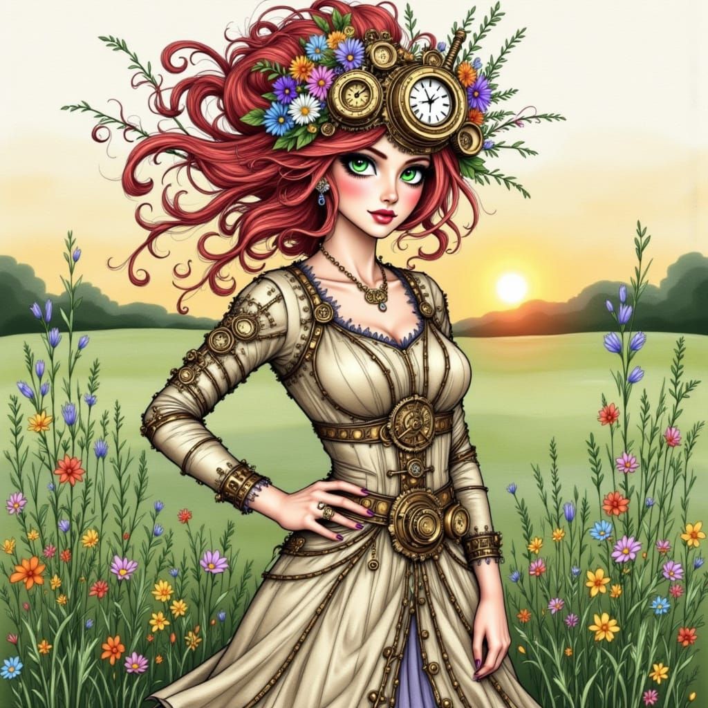 Steampunk Woman with Red Hair in Wildflower Meadow
