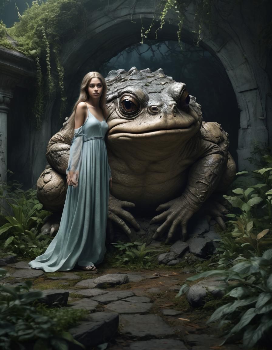 Overgrown Garden: Stone Toad and Frightened Girl