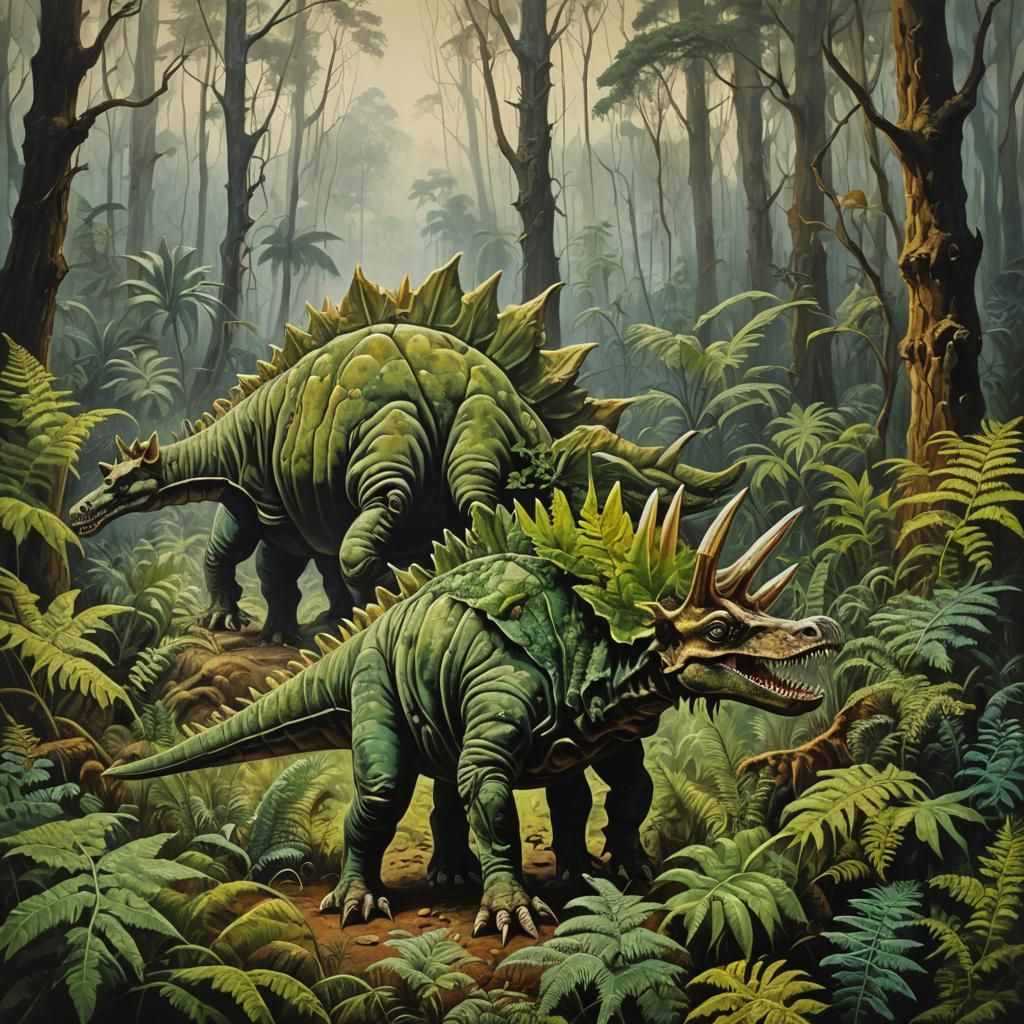 Surreal Stegosaurus Hunts in a Melting Fern Forest