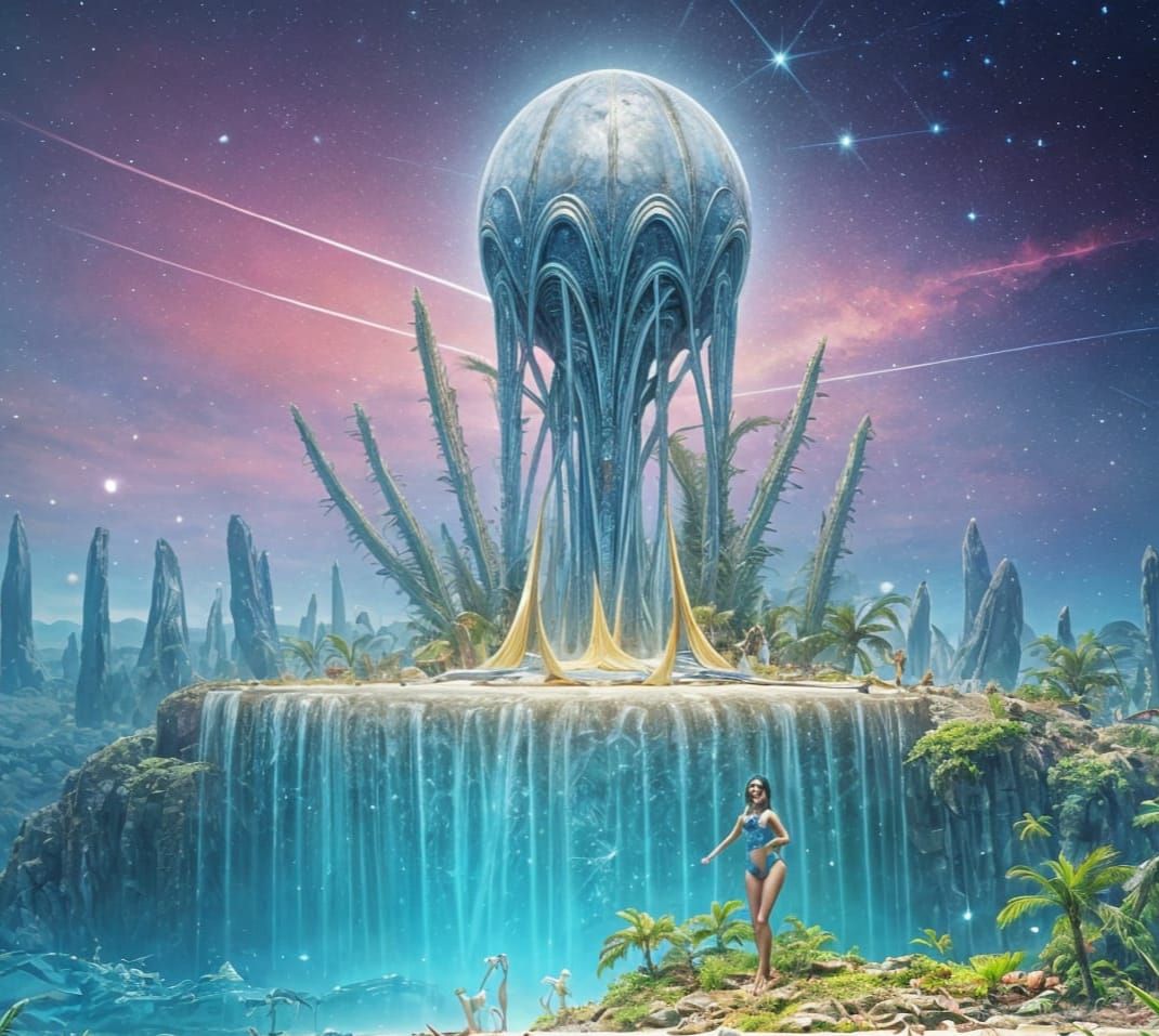 Glowing Swamp Goddess in a Bizarre, Neon-Lit Environment