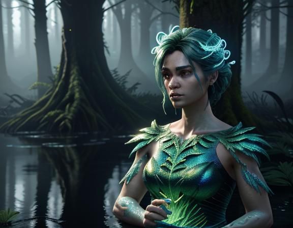 Female Amphiboid Emerges in Bioluminescent Forest