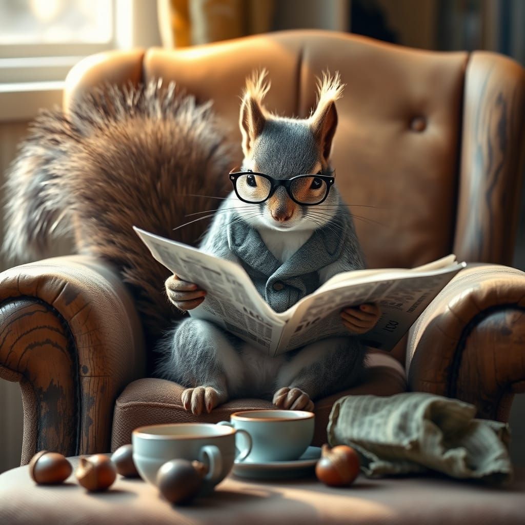 Grey Squirrel Reads Newspaper in Oak Armchair