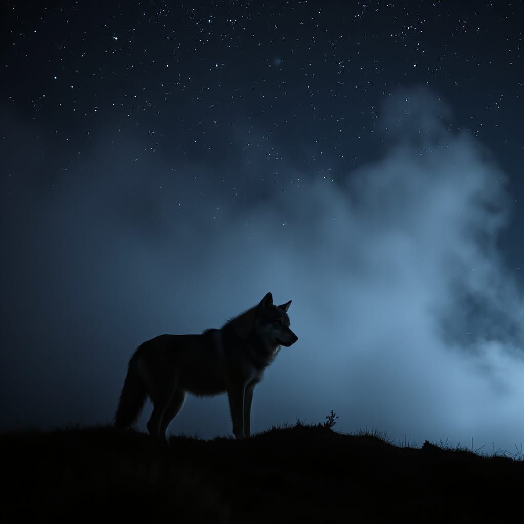 Grey Wolf Silhouette in Misty Starry Night