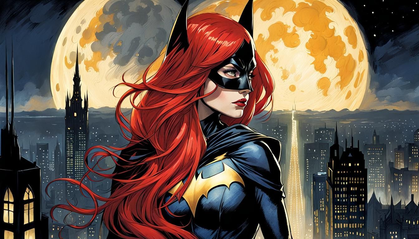 Batgirl Over Gotham in Concept Art Style