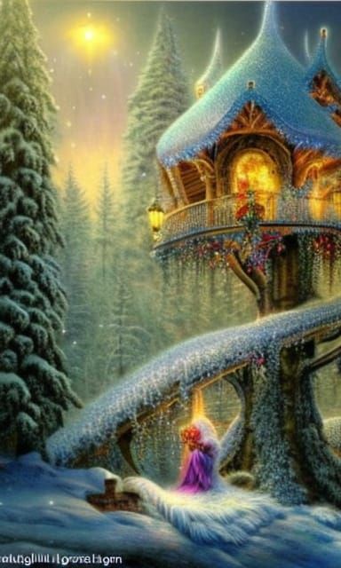 Fairy Rococo Treehouse in Winter Christmas Landscape