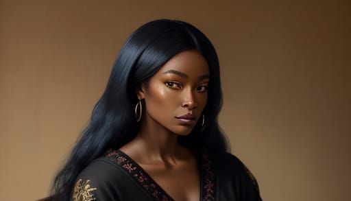 Black Woman with Fluffy Cat in Embroidered Robe