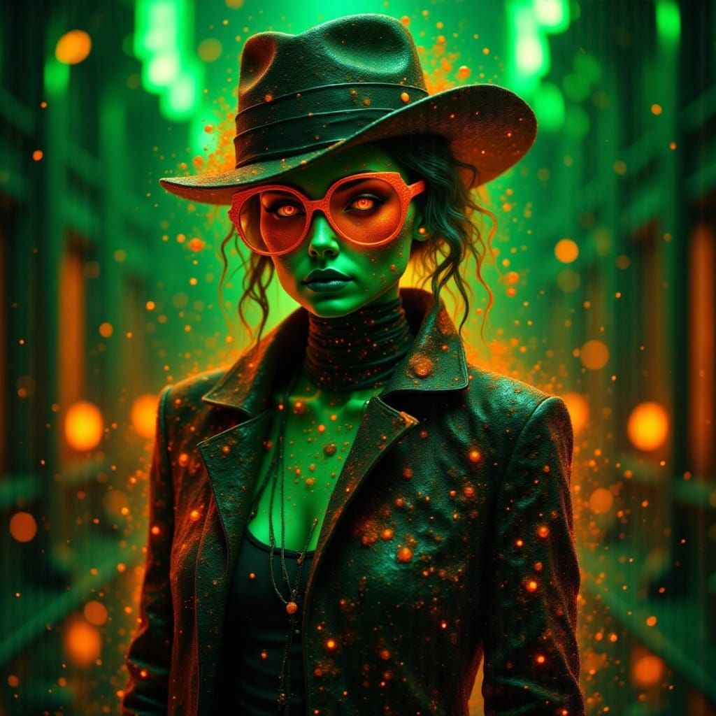 Neon Cyborg Detective in Noir Setting