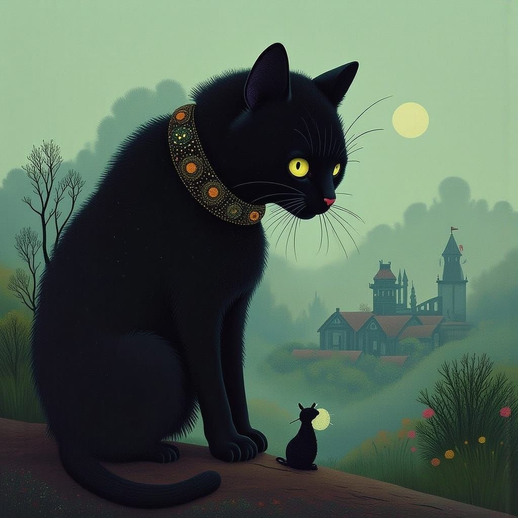 Giant Black Cat Towers Over Misty City