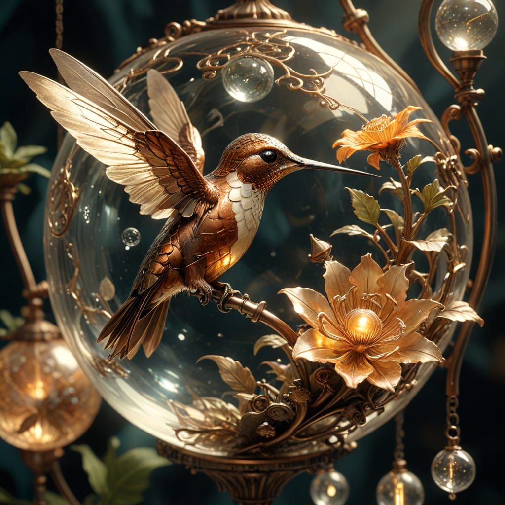 Steampunk Hummingbird Sips Nectar from Glowing Flower in Art...
