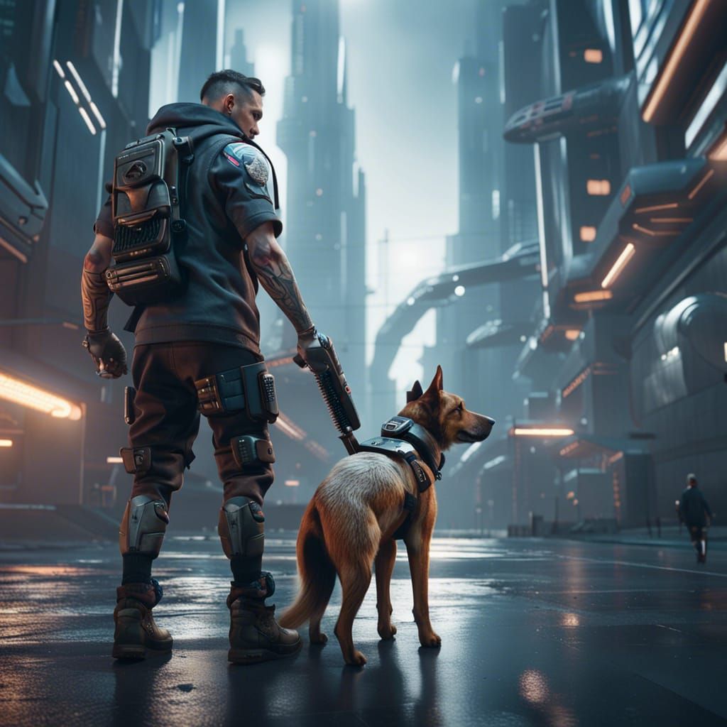Futuristic Cityscape with Man and Cybernetic Dog