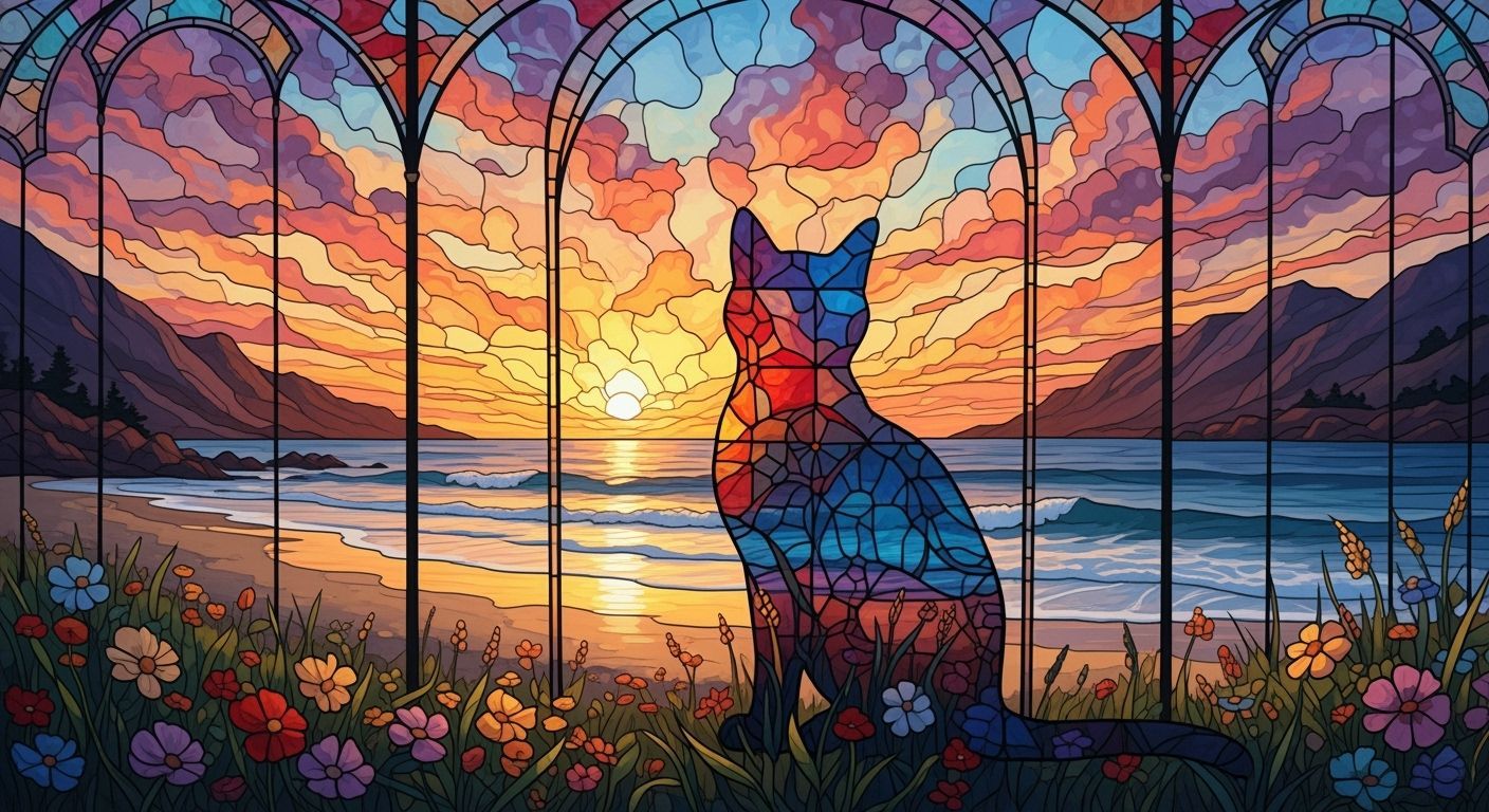 Vibrant Oil Painting: Black Cat in Mystical Landscape