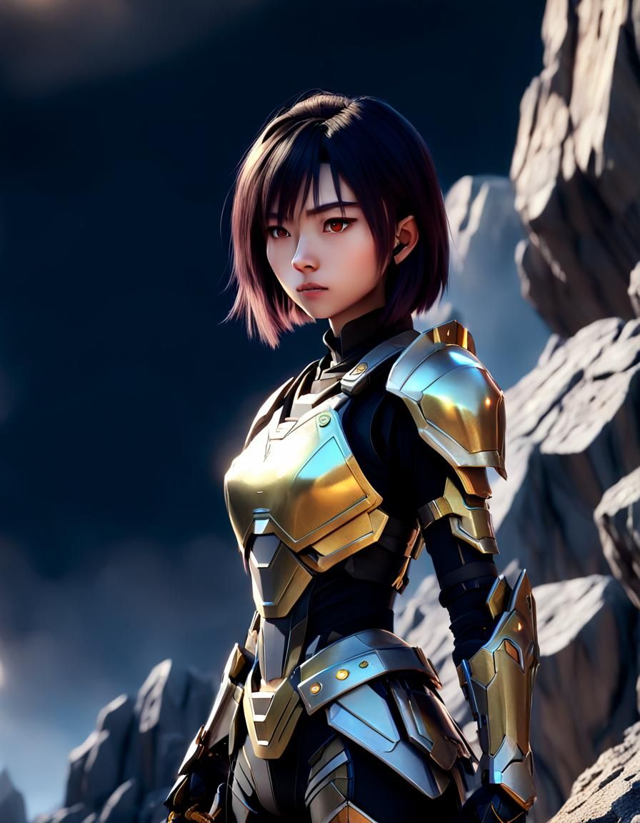 Futuristic Anime Warrior on Cliff in 3D Rendering