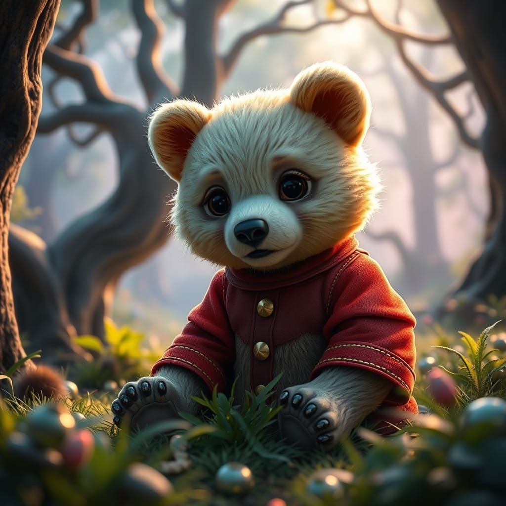 Whimsical Bear Cub in Vibrant Forest