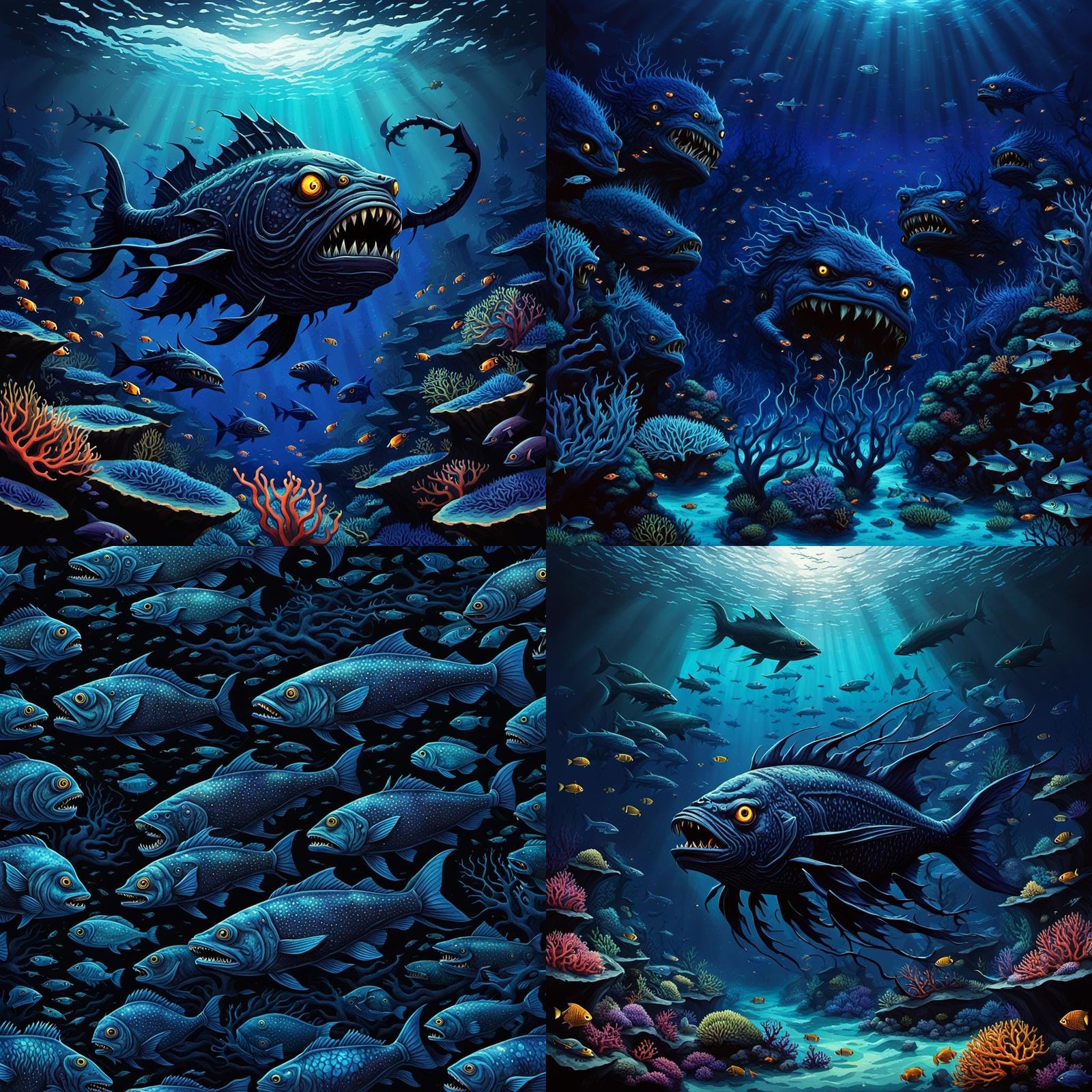 Menacing Sea Demons in Deep Blue Ocean: 3D Digital Art