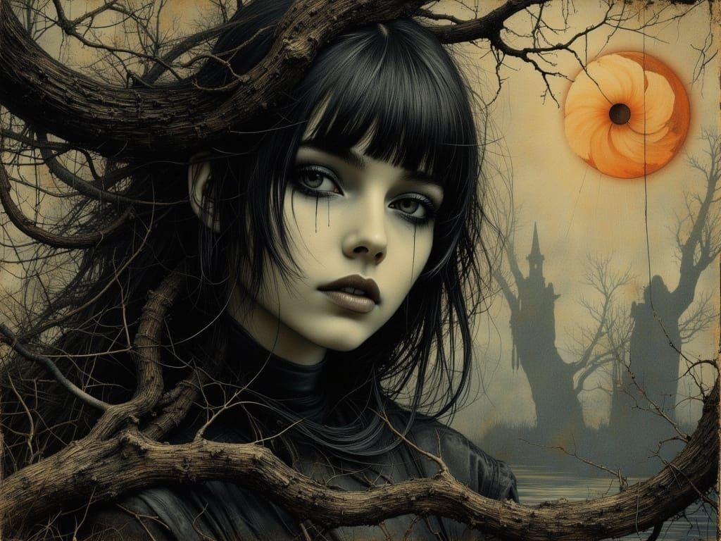 Ethereal Gothic Woman Portrait in Surreal Forest Sunset