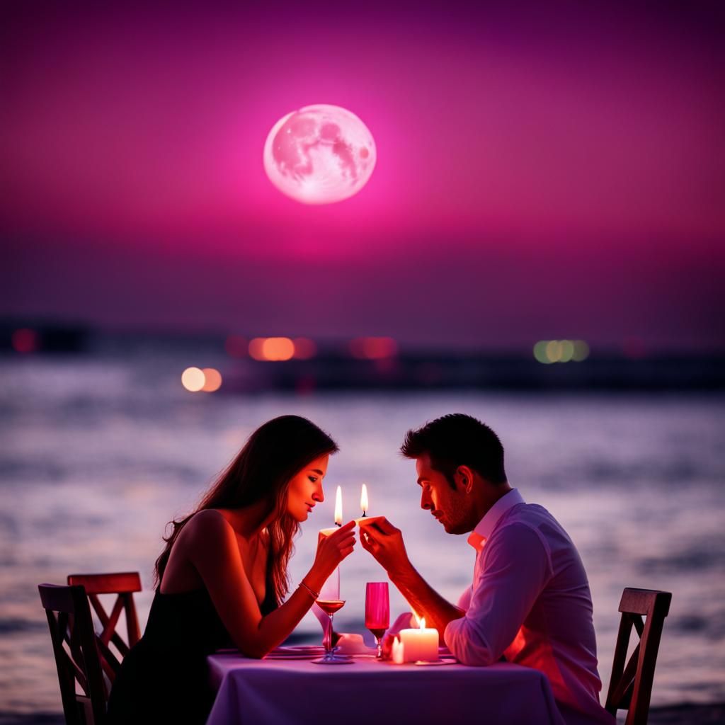 Romantic Beach Restaurant Scene in Red and Purple