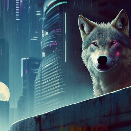 Realistic Cyberpunk Wolf Howling at Moon