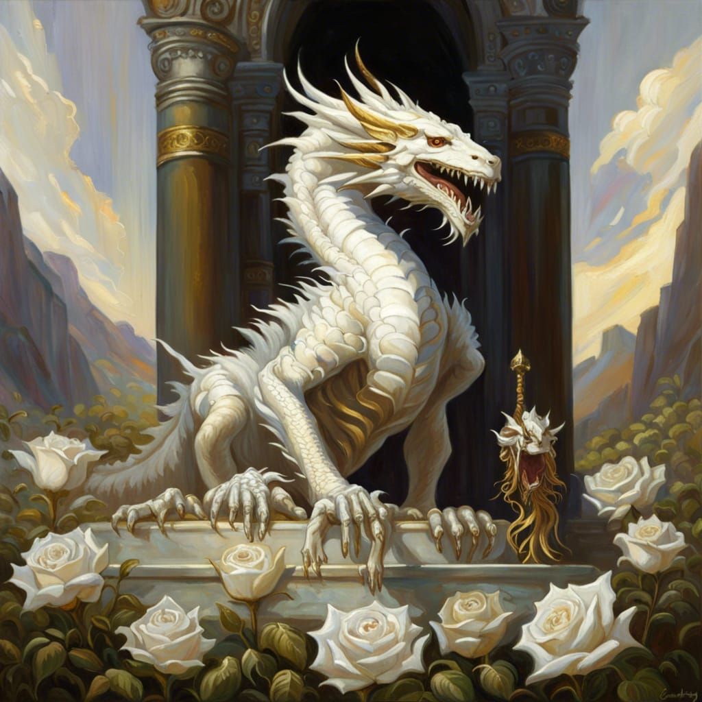 Gothic White Dragon in Golden Sunlight