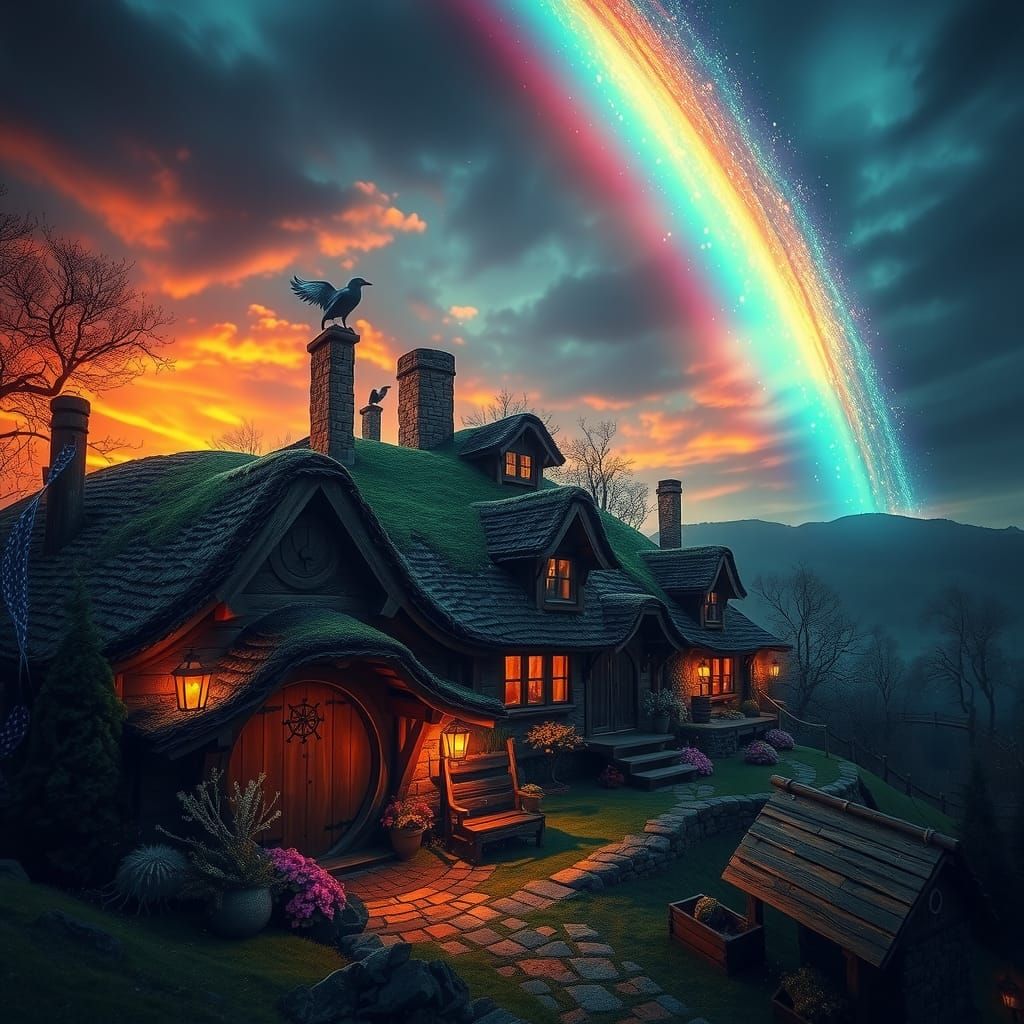 A hobbit village with a gorgeous glittering and magical rain...