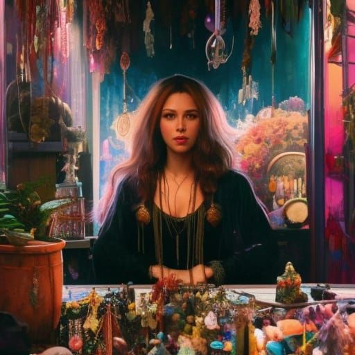 Attractive Hippy Surrounded by Crystals, Detailed Portrait
