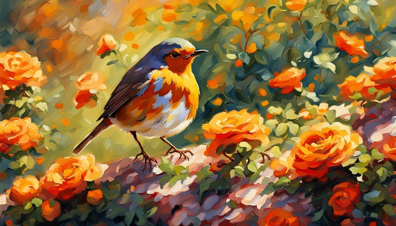 Robin in Garden: Impressionist Painting with Vivid Colors
