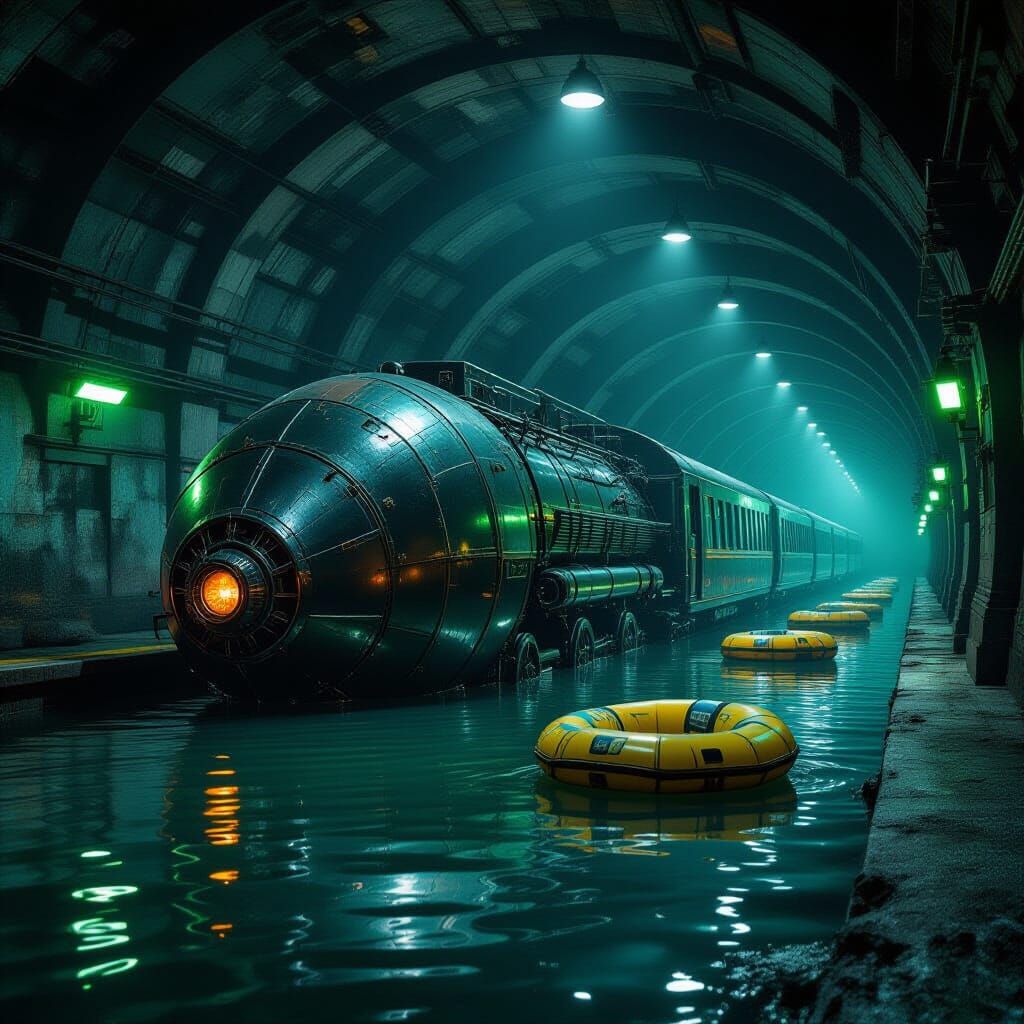 Rusted Chrome Tunnel-Worm Engineer on Flooded Subway Platfor...