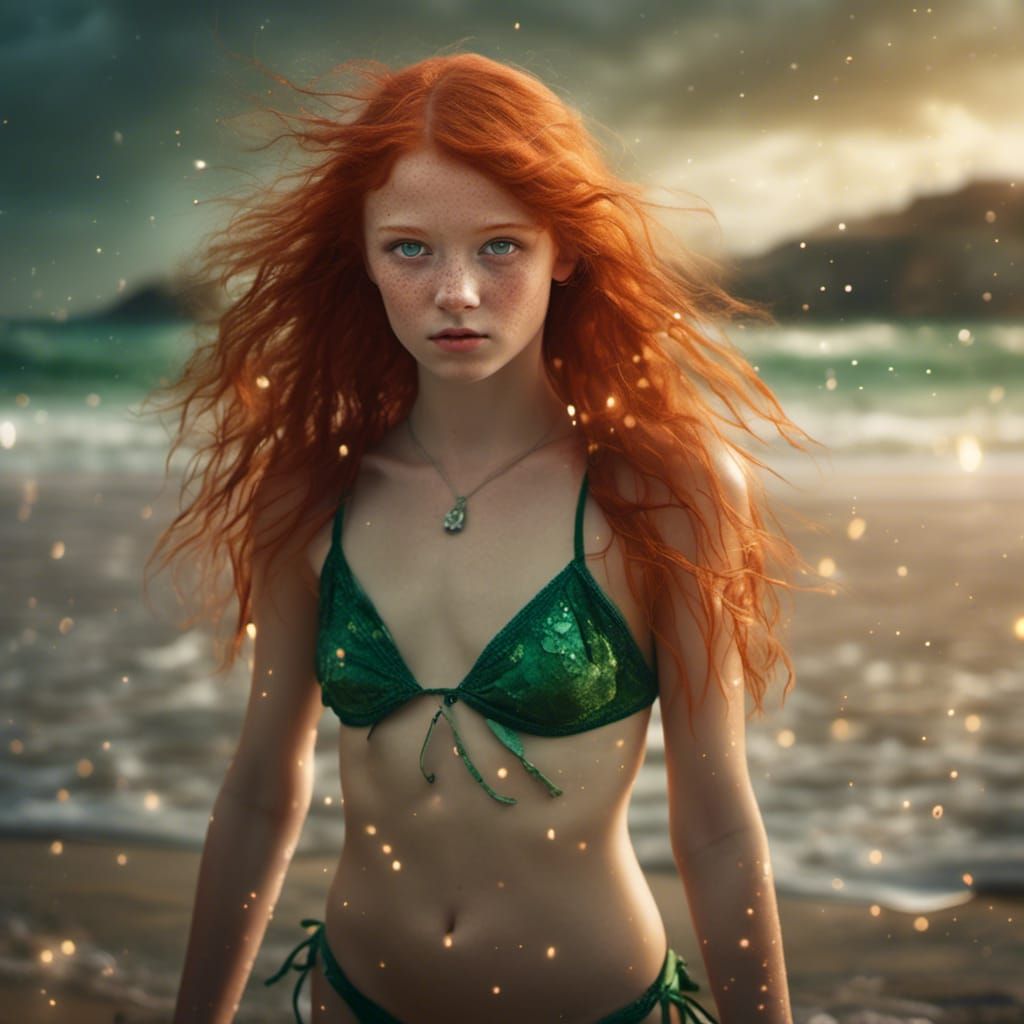 Red-Haired Girl on the Beach: Hyperreal Digital Art