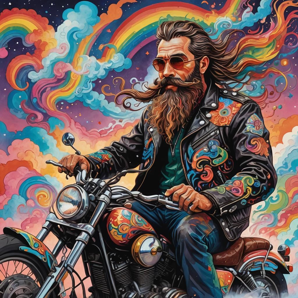 Surreal Skinned Man on Motorbike in Gouache Style