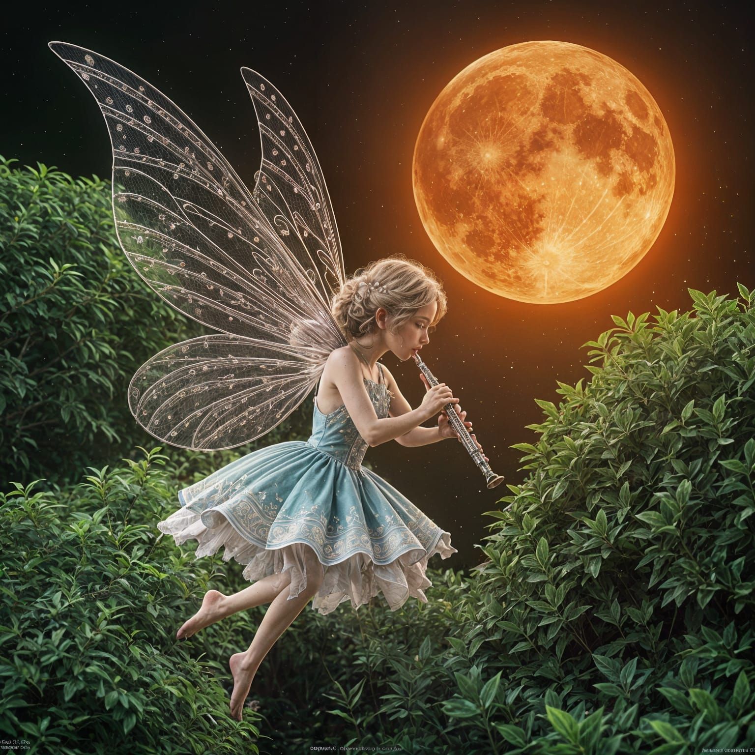 Musical Fairy in Enchanted Forest Under Orange Moon