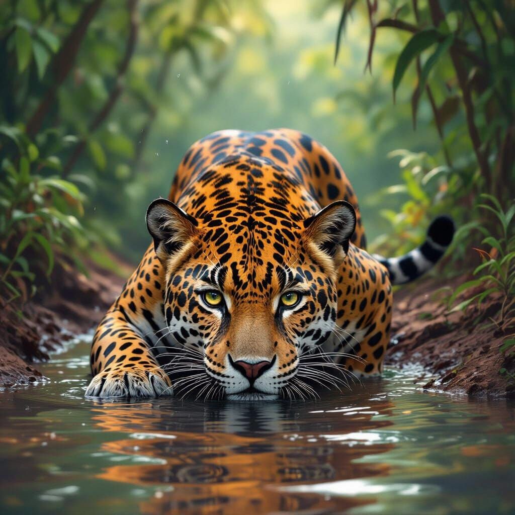 Hyperrealistic Jaguar Drinking in Amazon River