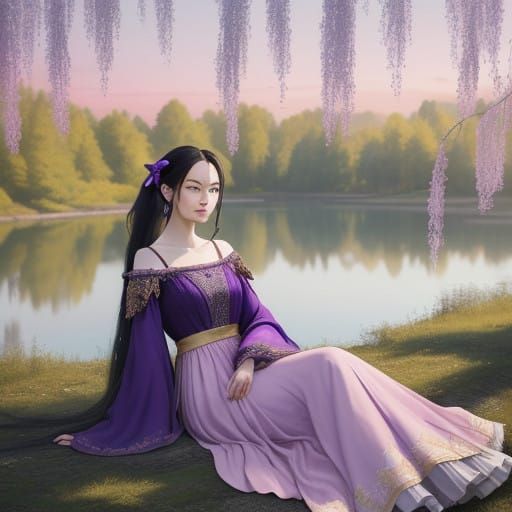 Ethereal Lady Basks in Sunset Glow Under Majestic Willow