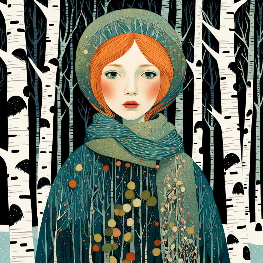 Girl in Majestic Winter Birch Forest