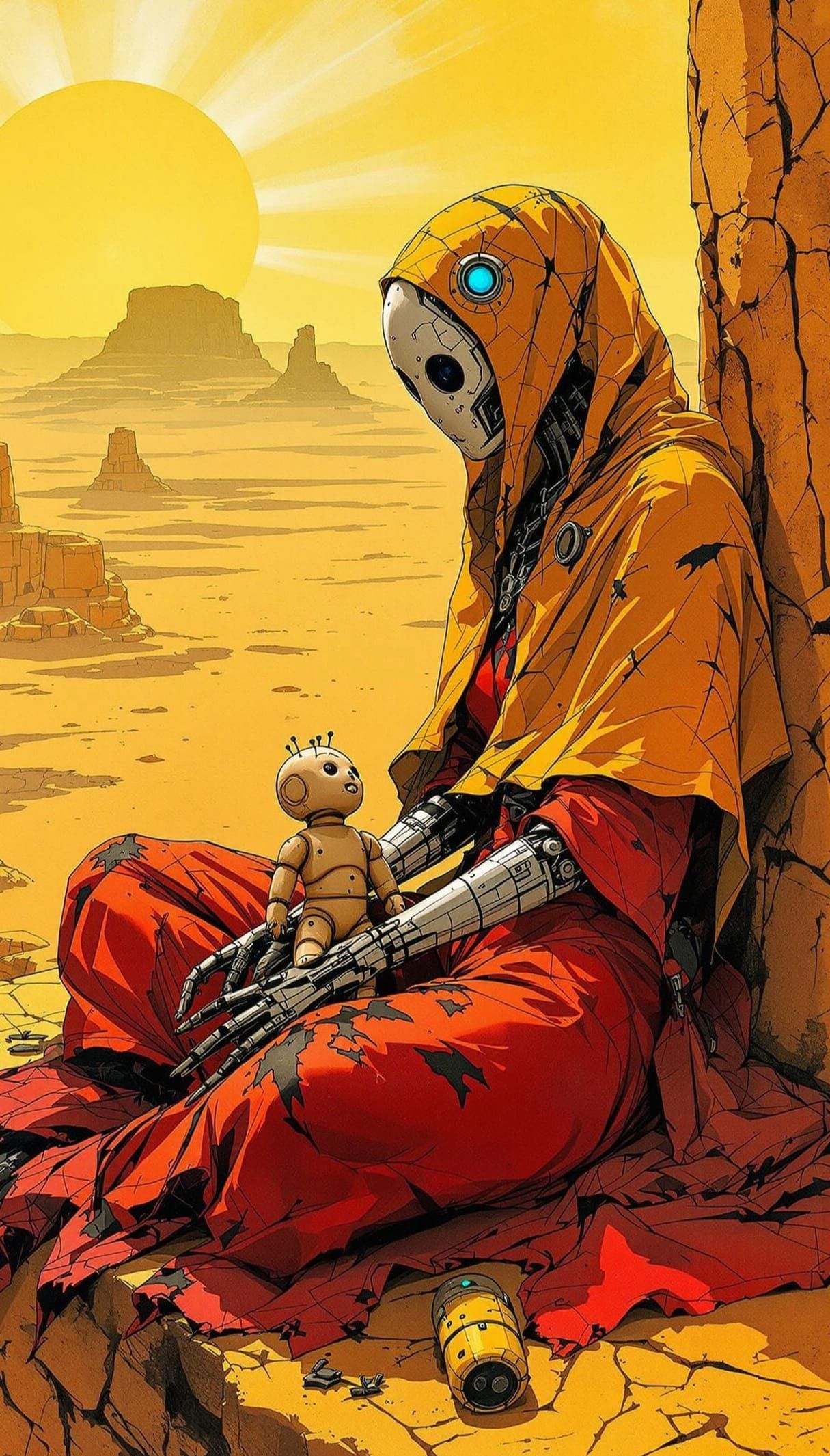 Cyborg Voodoo Priestess in Sun-Scorched Desert, Hand-Drawn I...