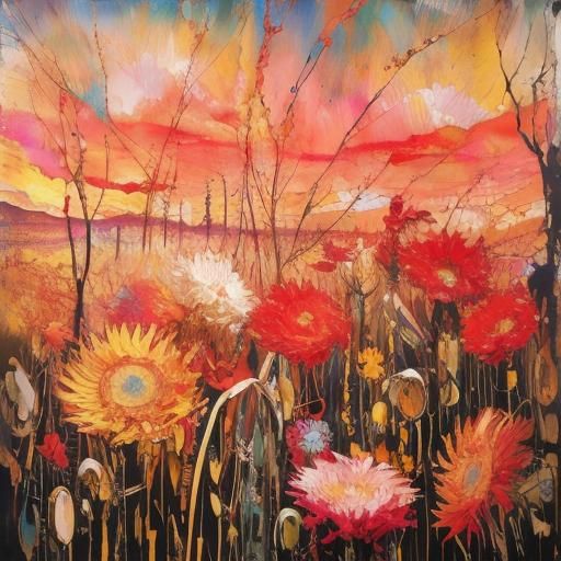 Vibrant Spring Sunset Landscape in Encaustic Style