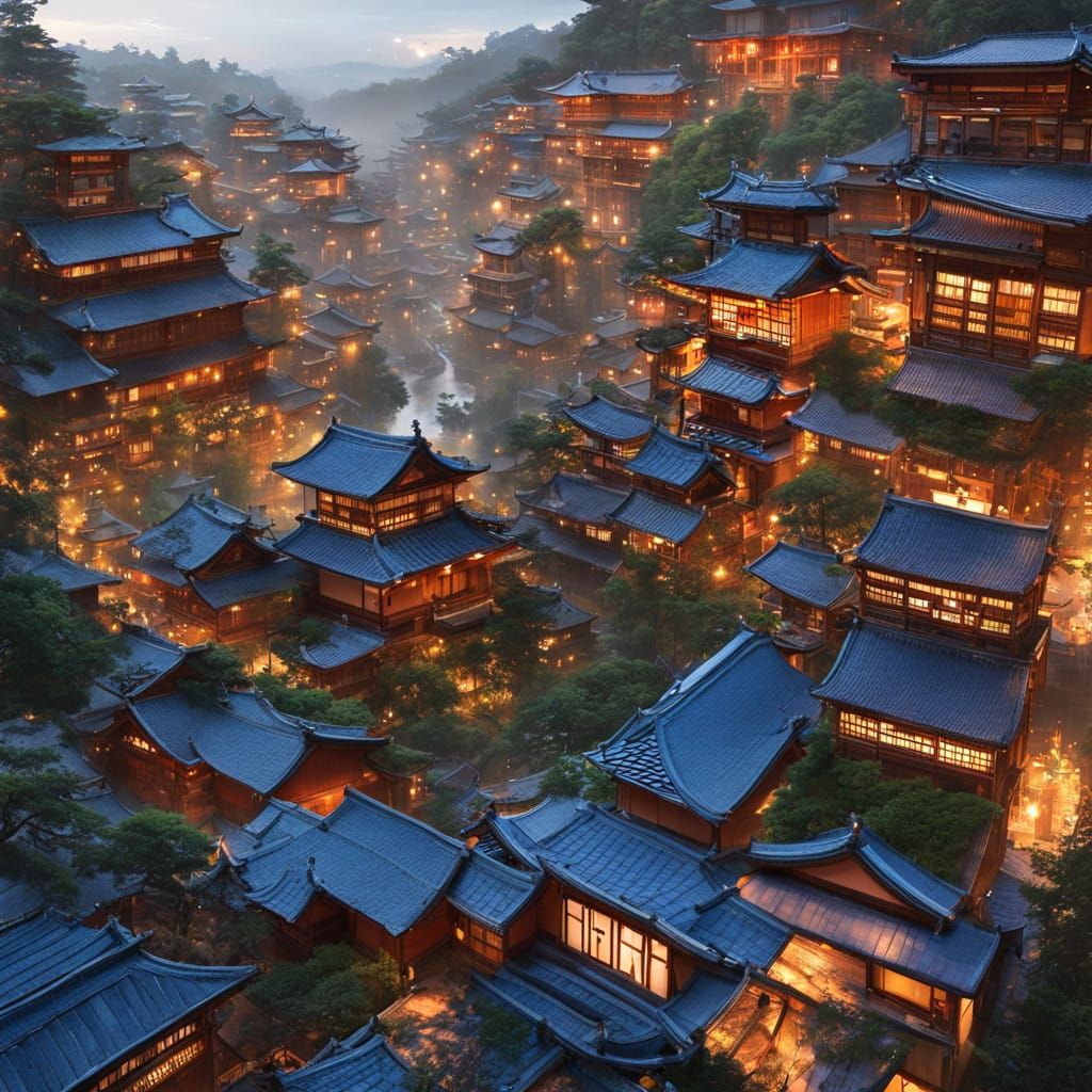 Mystical Kyoto Village in Osaka, Japan, in Detailed, Dreamli...
