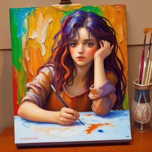 Expressive Neo-Impressionist Girl with Coffee and Fire