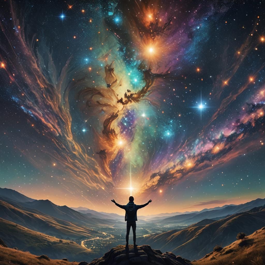 Cosmic Dreamer Embraces the Starry Night Sky