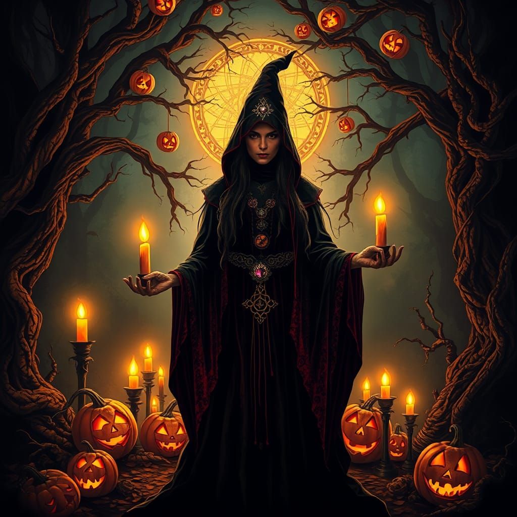 Mystical Witch at Samhain Celebration in Dark Fantasy Style