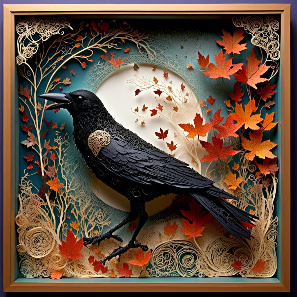 Lacy 3D Paper Crow in Shadowbox