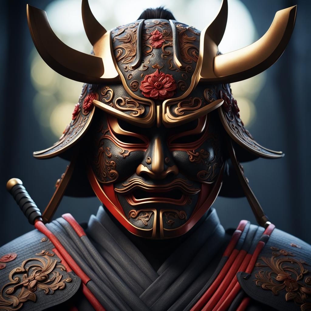 Samurai Mask Carving with Katana in Detailed Matte Painting