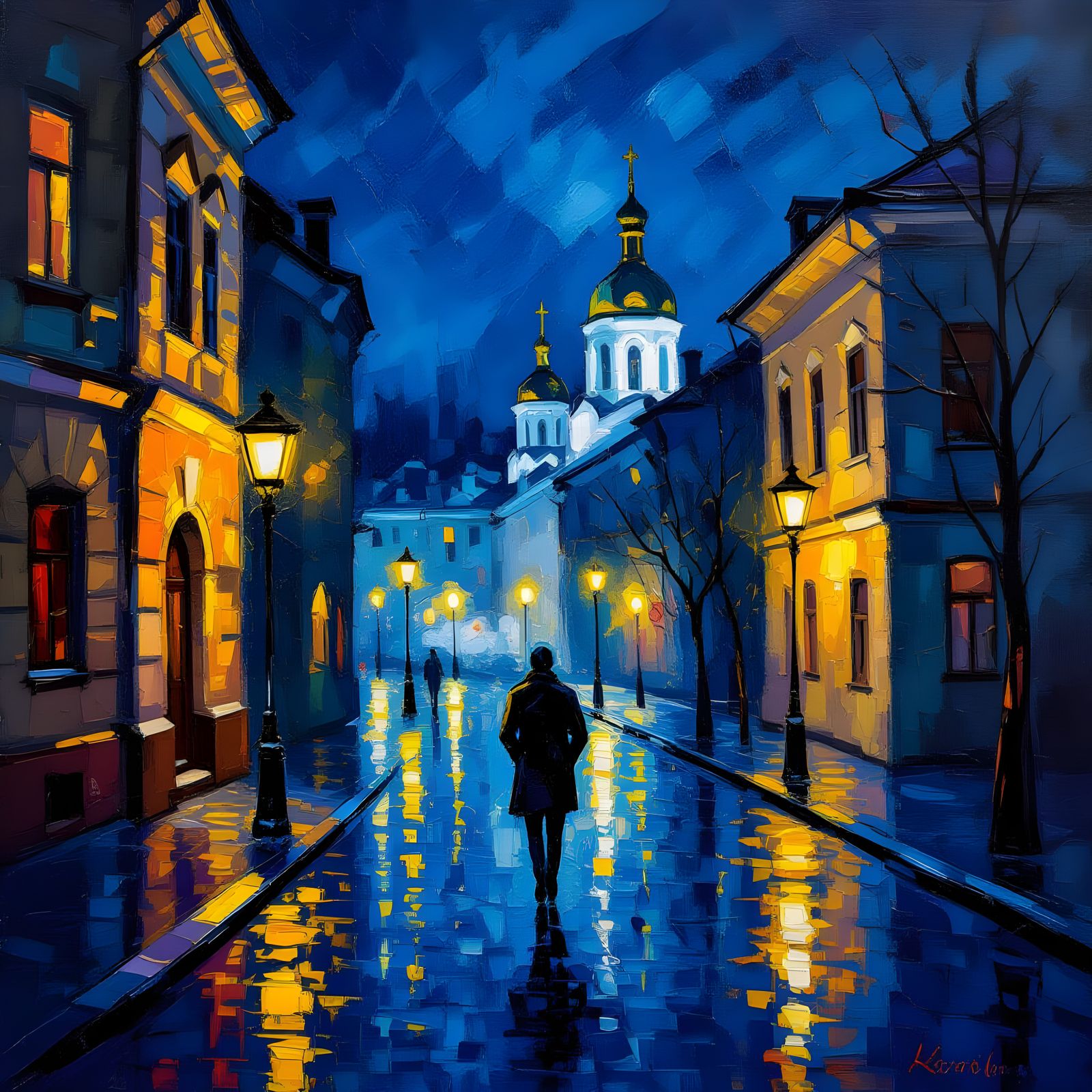 Kiev Nocturne: Impressionist Oil Painting of a Lone Figure