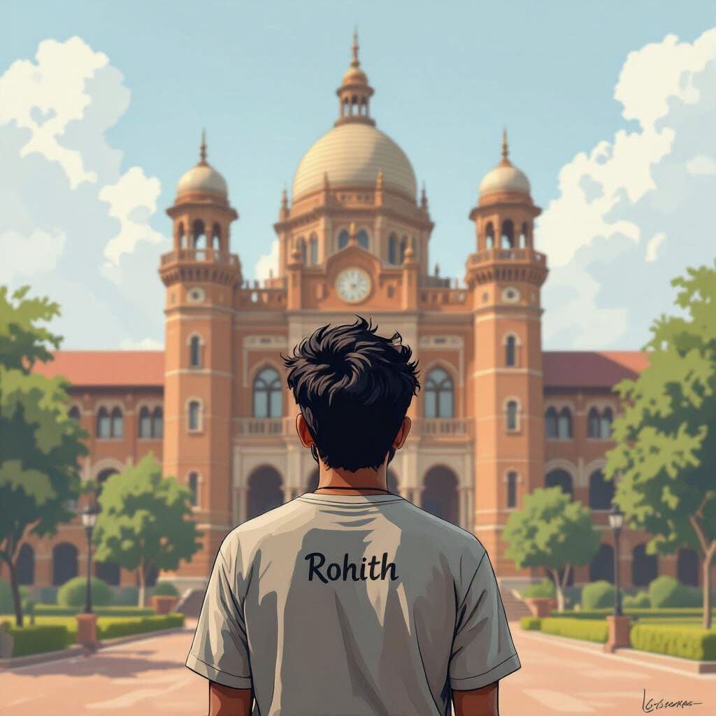 Rohith Gazes at IIT Bombay Building in Whimsical Style