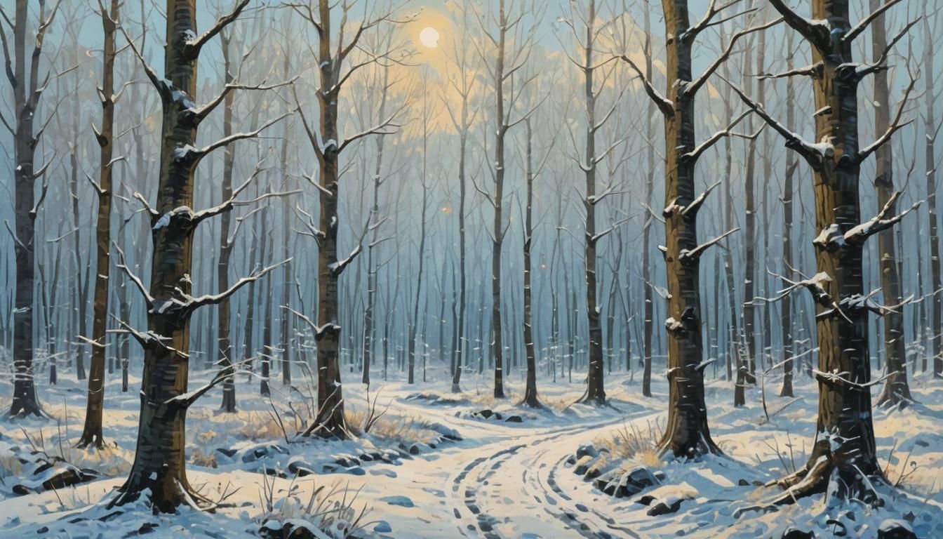 Winter Forest Landscape in Impasto Gouache Style