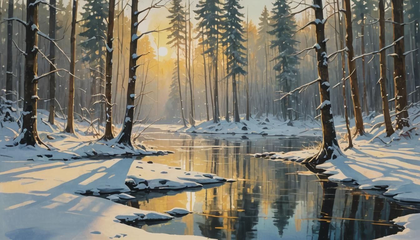 Impressionist Gouache: Winter Lake in Snowy Forest