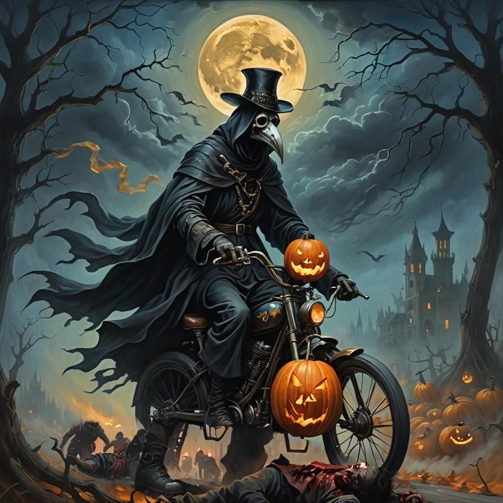 Plague Doctor with Pumpkin Potion and Motorcycle
