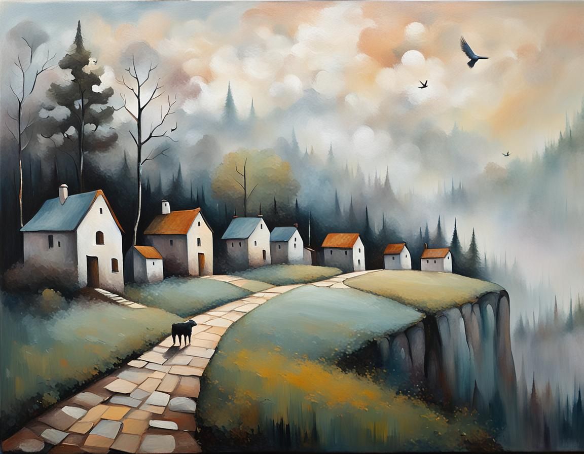 Ethereal Medieval Village in Abstract Expressionist Style