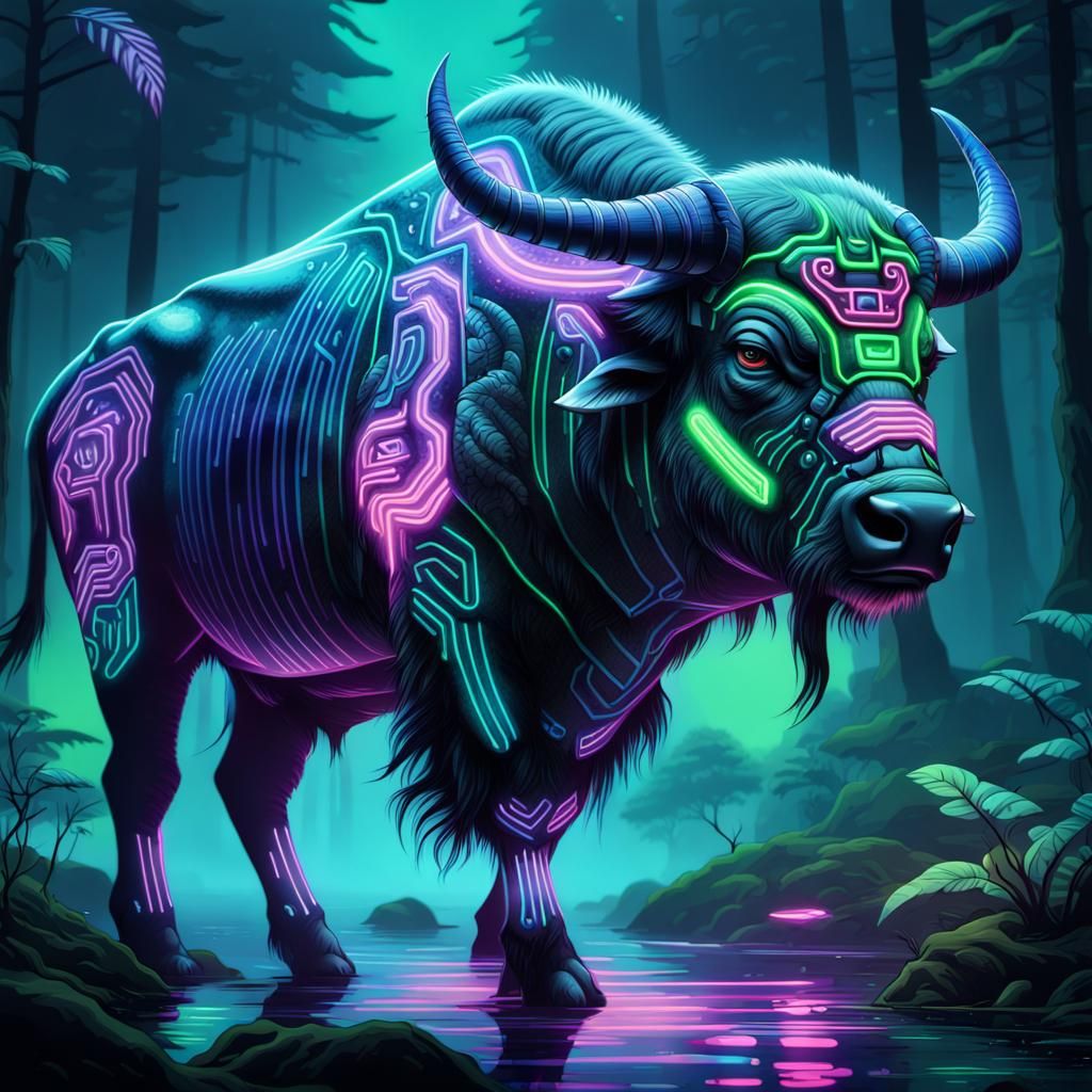 Neon Water Buffalo in Retro-Futuristic Armor